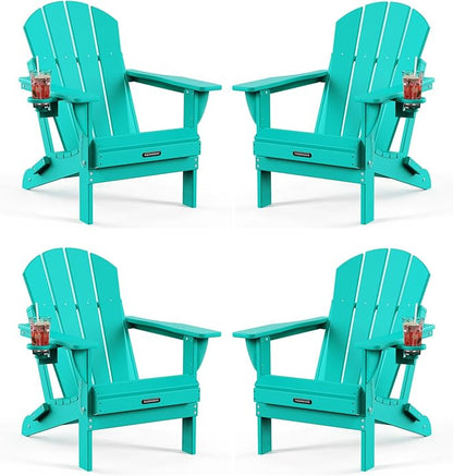 MUCHENGHY Folding Adirondack Chairs 4 Pack, Patio Chairs, Outdoor Chairs, Adirondack Chair Plastic, Fire Pit Chairs, Weather Resistant with Cup Holder for Deck, Backyard, Garden(Lake Blue)