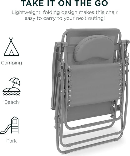 Best Choice Products Oversized Zero Gravity Chair, Folding Outdoor Patio Lounge Recliner w/Cup Holder Accessory Tray, Pillow - Dove Gray