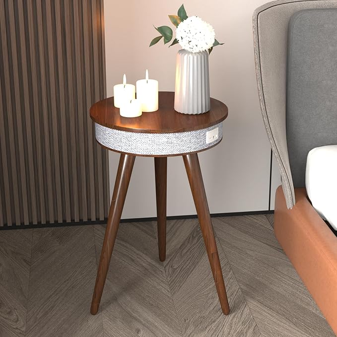 Louis Donné Smart End Table with Bluetooth Speakers, Round Side Table with Wireless Charger, Smart Coffee Table for Outdoor Pool Parties Patio Camping, 360 Degree Premium Sound (Walnut Color)