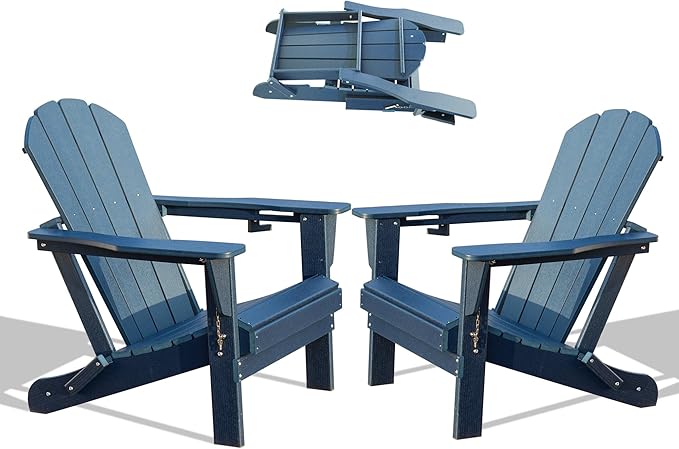 Domi Folding Adirondack Chairs Set of 2, HDPE All-Weather Outdoor Chairs with Cup Holder, Wooden Textured Fire Pit Chairs for Backyard, Patio, Poolside & Deck, Navy Blue