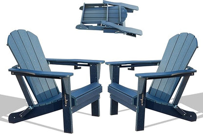 Domi Folding Adirondack Chairs Set of 2, HDPE All-Weather Outdoor Chairs with Cup Holder, Wooden Textured Fire Pit Chairs for Backyard, Patio, Poolside & Deck, Navy Blue