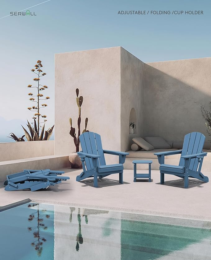 SERWALL Folding Adirondack Chair Set of 8, Adjustable Adirondack Chair with 3 Recline Positions, All Weather HDPE Outdoor Adirondack with Cup Holders, Blue