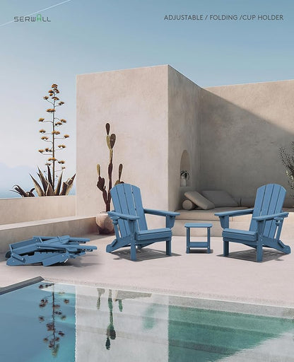 SERWALL Folding Adirondack Chair, Adirondack Outdoor Chair with Cup Holder, Adjustable Adirondack Chair with 3 Recline Positions, All Weather HDPE Outdoor Adirondack, Blue