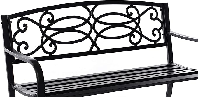 Gardenised QI003772 Steel Outdoor Patio Garden Park Seating Bench with Cast Iron Scrollwork Backrest, Front Porch Yard Bench Lawn Decor