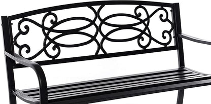Gardenised QI003772 Steel Outdoor Patio Garden Park Seating Bench with Cast Iron Scrollwork Backrest, Front Porch Yard Bench Lawn Decor