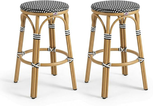 PURPLE LEAF Outdoor French Round 30" Bar Stool Set of 2 Oversized Rattan Armless Barstools Bamboo Finish Aluminum Frame Footrest with Handwoven Wicker for Indoor Patio Yard Bistro Black