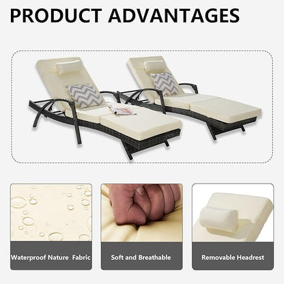 Outdoor Lounge Chairs Set of 2,Wicker Chaise Lounge Chair Pool Chaise Lounge,Patio Lounge Chair with Adjustable Backrest Arm Cushion for Poolside