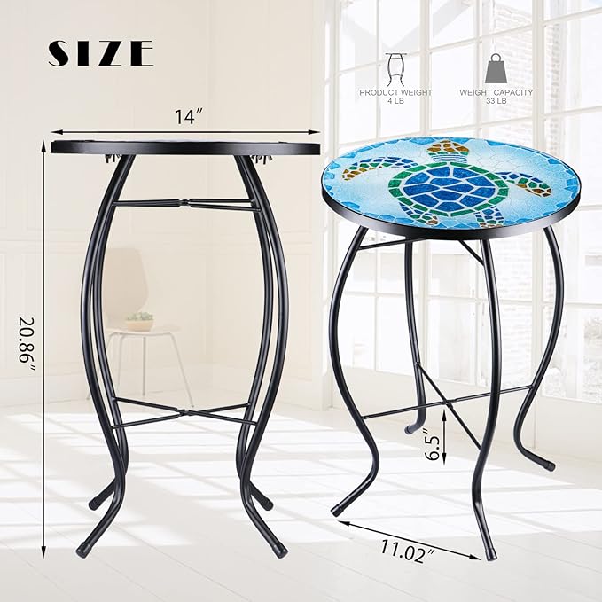 VCUTEKA Patio Side Table Outdoor Accent Table Bistro Coffee Table Plant End Table Small Porch Table Indoor Round Glass Balcony Plant Table Stands Sea Turtle 12''