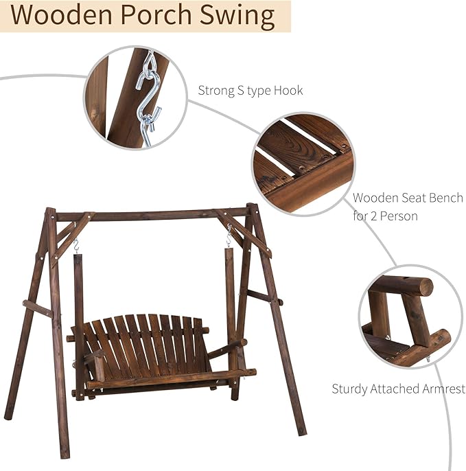 Outsunny 2-Seat Porch Swing with Stand, Wooden Patio Swing Chair Bench, for Garden, Poolside, Backyard, Brown