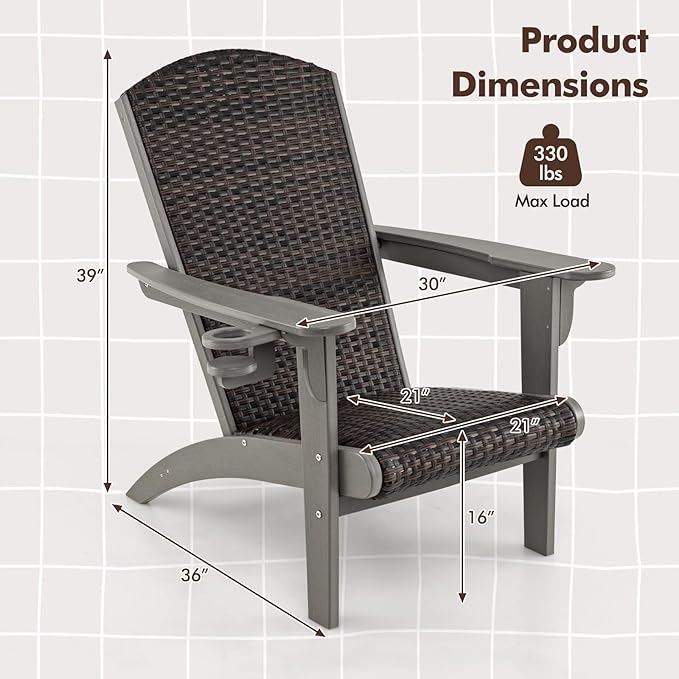 Tangkula Patio Wicker Adirondack Chair, HDPE Lounge Chair w/Rattan Padded Seat & Back, Wide Armrests & Hidden Cupholder, Outdoor All-Weather Adirondack Fire Pit Chair for Backyard, Lawn (2, Grey)