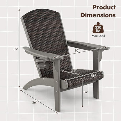 Tangkula Patio Wicker Adirondack Chair, HDPE Lounge Chair w/Rattan Padded Seat & Back, Wide Armrests & Hidden Cupholder, Outdoor All-Weather Adirondack Fire Pit Chair for Backyard, Lawn (4, Grey)