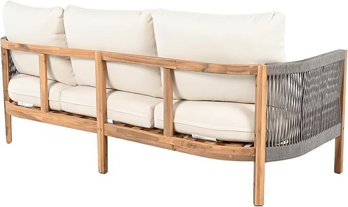 Christopher Knight Home Havets 77"W Outdoor 3 Seater Sofa, 6" Thick Cushion Couch, Acacia Wood Bench Sofa, Comfy Woven Rope Armchair, Spacious Seating Bench Couch for Backyard Garden Porch, Gray+Beige