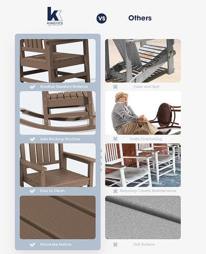 KINGYES HDPE Outdoor Rocking Chair Set of 2, Widened Seat Patio Rocking Chair, Oversized All Weather Patio Rocker, Brown