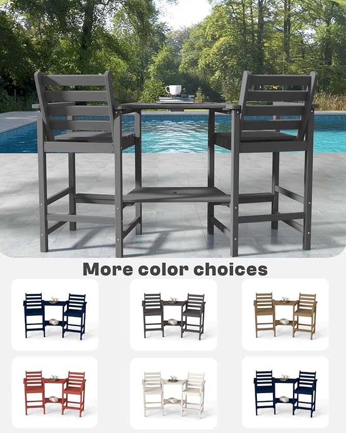 Tall Adirondack Chairs Set of 2, Bar Height HDPE Outdoor Chairs with Connecting Tray & Umbrella Hole, Balcony Patio Adirondack Chairs for Deck, Garden, Lawn (Gray)