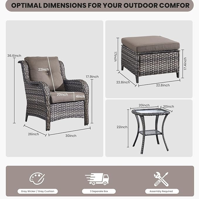 Belord Outdoor Wicker Furniture 5 Pieces Patio Furniture Set Patio Chairs with Ottomans and Side Table Conversation Set - Photo 3