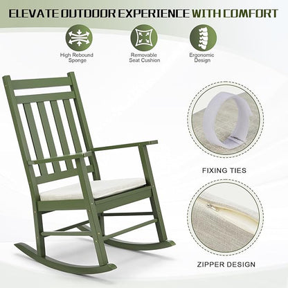 Outvita Outdoor Rocking Chair, Solid Wood High Back Rocker, All Weather Lounge Chair with Padded Cushions for Porch Patio Fire Pit Garden Backyard Deck Indoor, Green