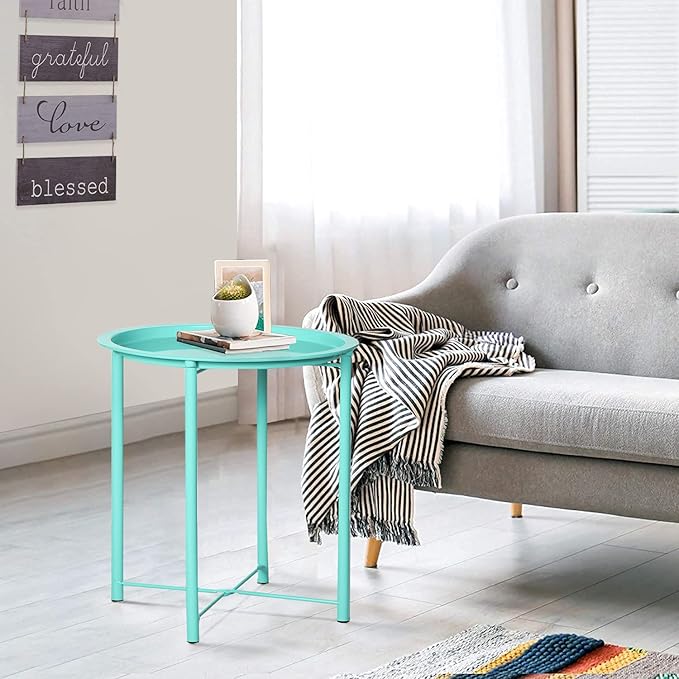VECELO Side/End Table, Folding Round Metal Anti-Rust and Waterproof Outdoor or Indoor Tray for Living Room Bedroom - Photo 4