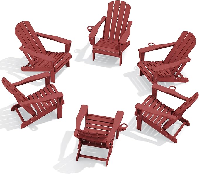 SERWALL Folding Adirondack Chair Set of 6, Adjustable Adirondack Chair with 3 Recline Positions, All Weather HDPE Outdoor Adirondack with Cup Holders, Red