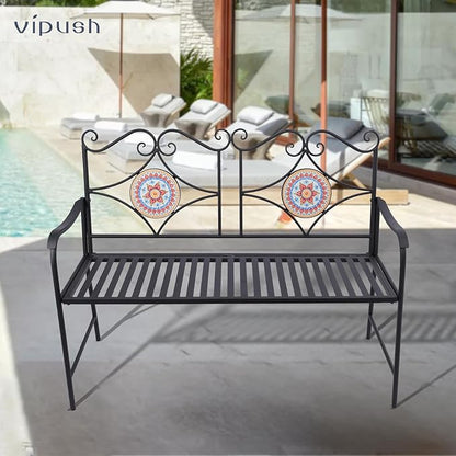 Vipush Outdoor Mosaic Benches - 47Inch Cast Iron Steel Frame Garden Bench Patio Furniture Chair Outdoor Bench Floral Design Backrest, Slatted Seat for Park, Yard & Porch