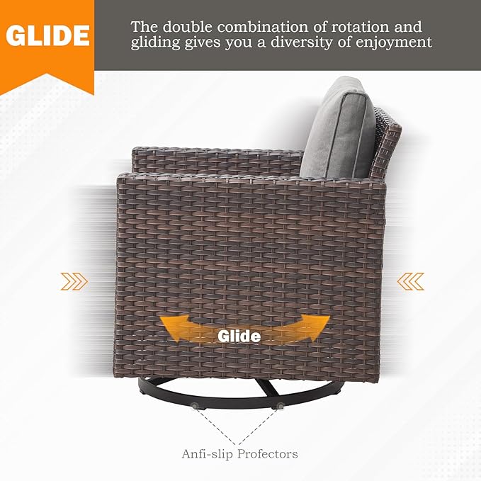 Patio Chairs Wicker Swivel Rocker - Oversize Patio Furniture Conversation Set Outdoor Swivel Glider 350LBS Max Load Outdoor Rocking Chairs with High Back for Porch Balcony Deck - Brown/Grey