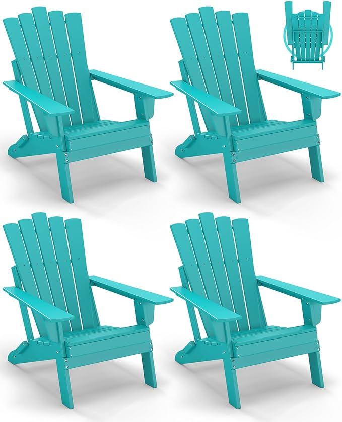GREENVINES Folding-Adirondack-Chairs-Set-of-4 | HDPE Plastic | Throne Series | Fire Pit Chair | All Weather | for Outdoor Patio Deck Backyard Poolside | Aqua
