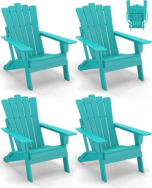 GREENVINES Folding-Adirondack-Chairs-Set-of-4 | HDPE Plastic | Throne Series | Fire Pit Chair | All Weather | for Outdoor Patio Deck Backyard Poolside | Aqua