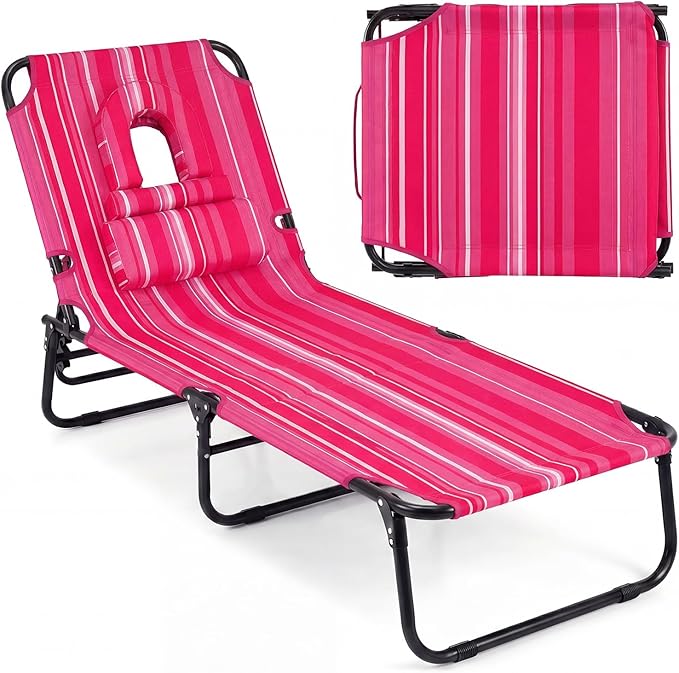 Tangkula Beach Lounge Chair, Folding Sunbathing Recliner with Face Hole, Face Down Tanning Chair with 4-Level Adjustable Backrest & 3 Removable Pillows, Chaise Lounge Chair for Patio (1, Pink Stripe)