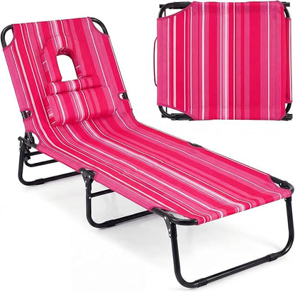Tangkula Beach Lounge Chair, Folding Sunbathing Recliner with Face Hole, Face Down Tanning Chair with 4-Level Adjustable Backrest & 3 Removable Pillows, Chaise Lounge Chair for Patio (1, Pink Stripe)