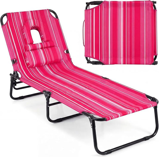 Tangkula Beach Lounge Chair, Folding Sunbathing Recliner with Face Hole, Face Down Tanning Chair with 4-Level Adjustable Backrest & 3 Removable Pillows, Chaise Lounge Chair for Patio (1, Pink Stripe)