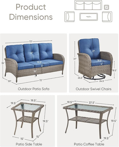 5 Pieces Wicker Patio Furniture Set-Outdoor Swivel Rocker Patio Chairs Patio Sofa Set with Tempered Glass Top Outdoor Coffee Table for Deck Lawn Porch Balcony Poolside-Grey/Blue