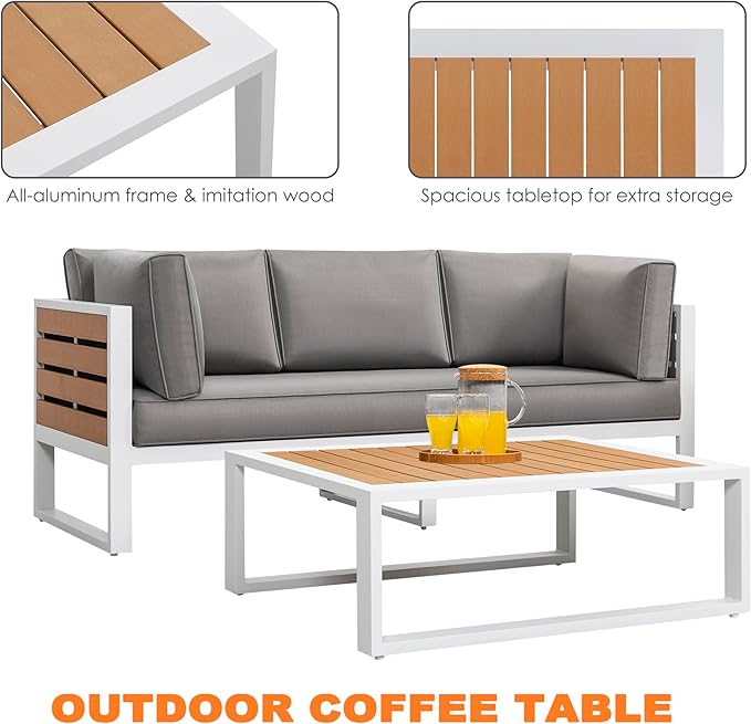 NUU GARDEN Outdoor Rectangle Coffee Table, Powder-Coated Aluminum Frame, 40'' x 15'' Slatted Imitation Wood Tabletop, for Patio, Garden, Backyard and Balcony, White