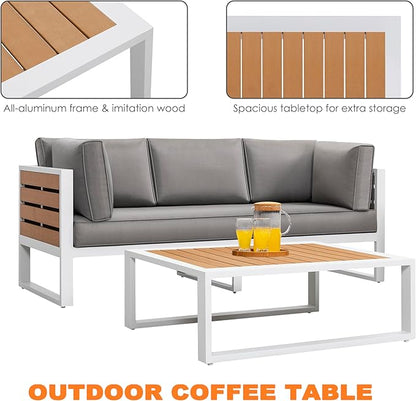 NUU GARDEN Outdoor Rectangle Coffee Table, Powder-Coated Aluminum Frame, 40'' x 15'' Slatted Imitation Wood Tabletop, for Patio, Garden, Backyard and Balcony, White