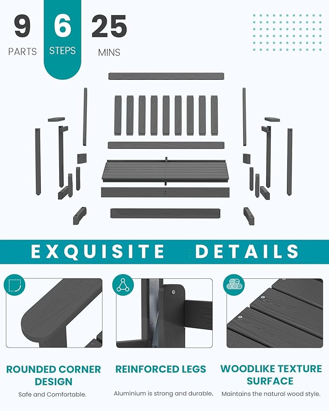 SERWALL Outdoor Glider Bench Set of 4, HDPE Weather-Resistant Swinging Bench for Backyard Garden Porch, Grey - Photo 4