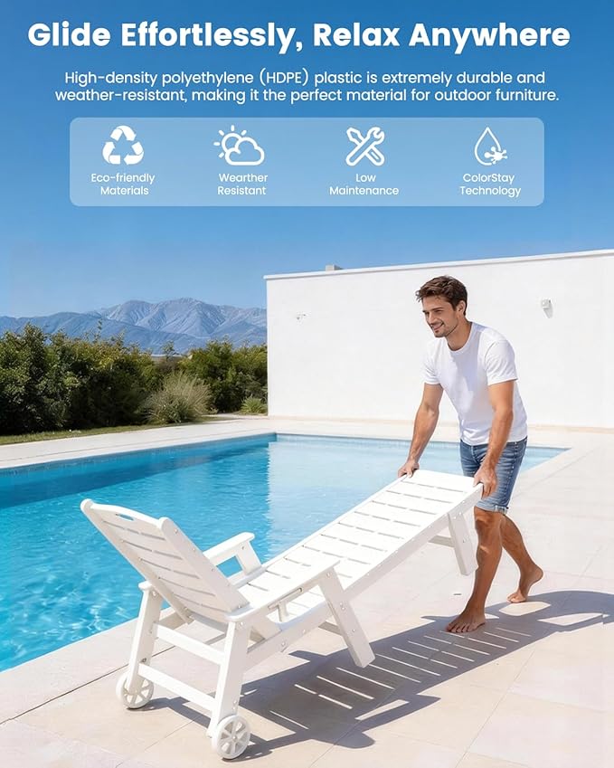 FOOWIN Chaise Lounge Chair，HDPE Lounge Chair Outdoor with 5 Positions,Oversized Pool Lounge Chairs with Rolling Wheels & Cup Holder for Poolside Deck Backyard,White