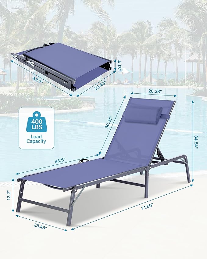 2 Pack Foldable Chaise Lounge Chair with Cup Holder - Photo 3