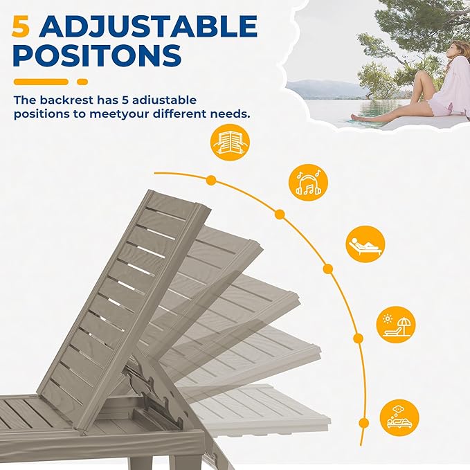 2 Patio Lounge Chair, Resin Outdoor Chaise Lounge with Waterproof Design & Lightweight Frame - Photo 6