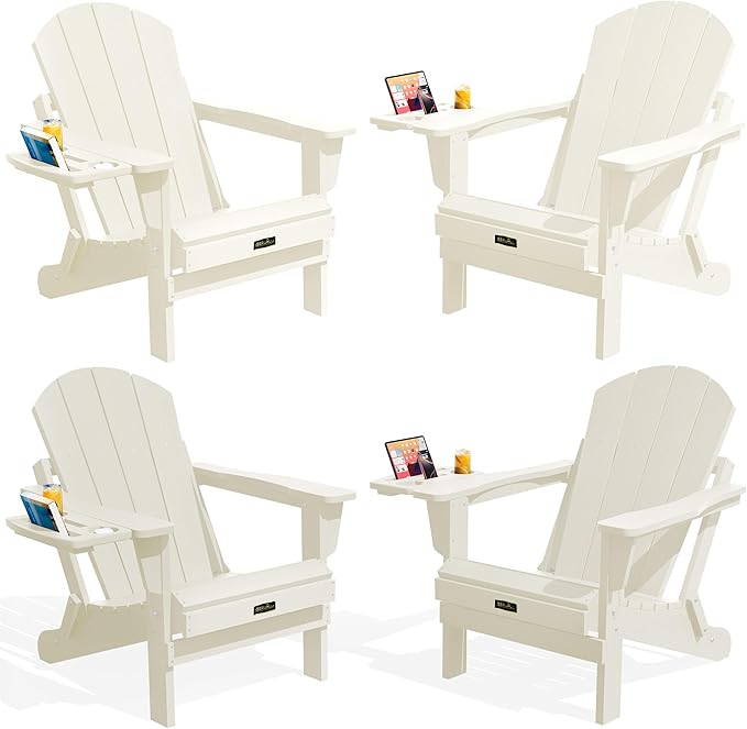 SERWALL Folding Adirondack Chair Set of 4, Outdoor Adirondack Chairs with 4 in 1 Cup Holder, Wood Texture Patio Chairs, Weather Resistant Fire Pit Chairs for Patio Deck Garden, Backyard Deck - White