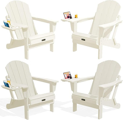 SERWALL Folding Adirondack Chair Set of 4, Outdoor Adirondack Chairs with 4 in 1 Cup Holder, Wood Texture Patio Chairs, Weather Resistant Fire Pit Chairs for Patio Deck Garden, Backyard Deck - White