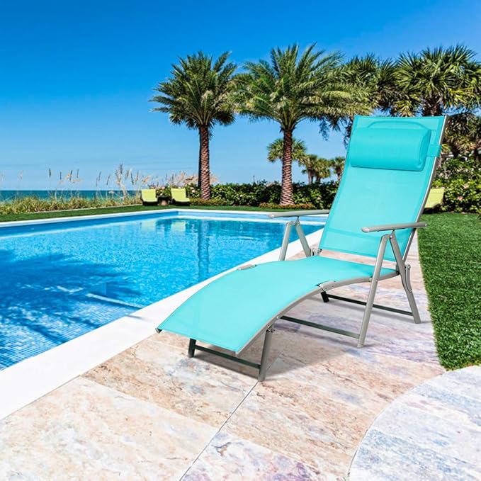 COSTWAY Outdoor Folding Chaise Lounge Chair, Lightweight 7-Gear Adjustable Recliner with Neck Pillow, No Assembly - Photo 1