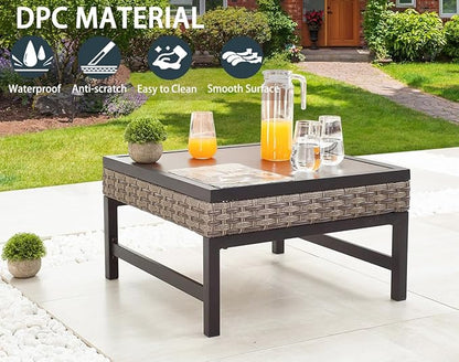 Outdoor Coffee Table 23.6''×23.6'' Patio Metal Table with Wood Grain Top Outside Table Slatted Tabletop for Lawn, Garden, Deck, Backyard, Porch