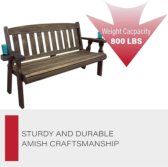 Amish Casual Heavy Duty 800 Lb Mission Pressure Treated Garden Bench with Cupholders (4 Foot, Dark Walnut Stain)