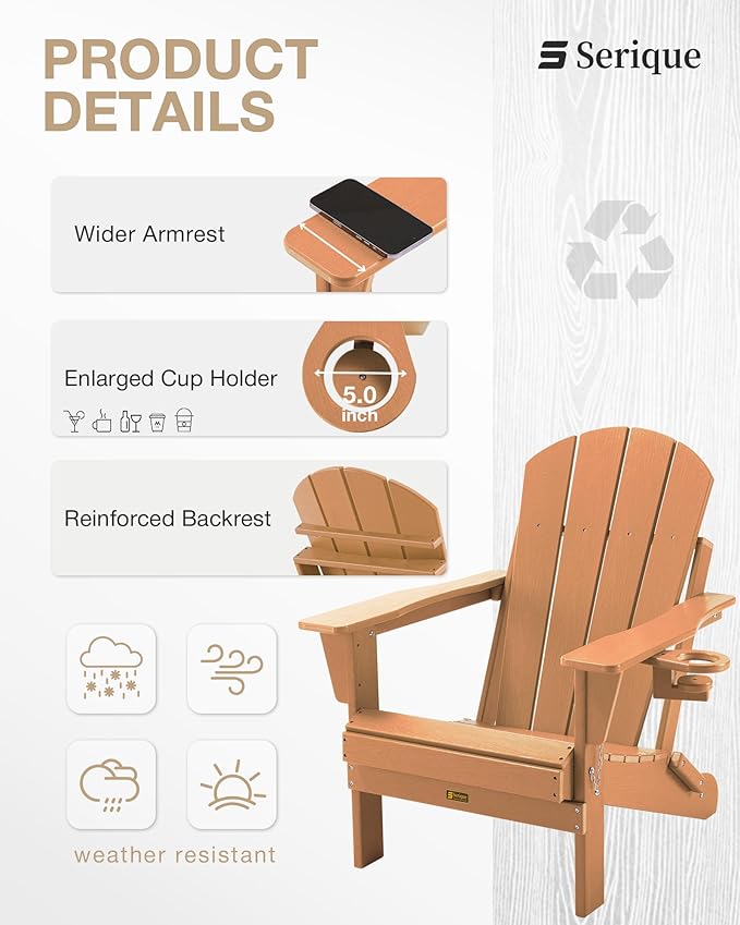 Folding Adirondack Chair, Patio Chair Wood Texture, Outdoor Chair Weather Resistant, Fire Pit Chair with Cup Holder, Composite Adirondack Chair Set of 4(Teak)