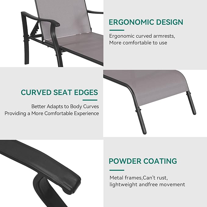 YITAHOME Outdoor Chaise Lounge Chair Set of 3,Patio Lounge Chair with Side Table and 5 Adjustable Positions, Textile Pool Chaise Lounger for Outdoor, Patio, Beach, Yard (Brown)