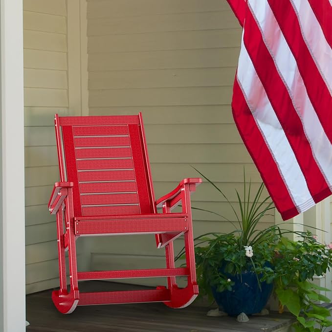 GREENVINES Outdoor Rocking Chairs | Set of 4 | Porch Rocker | HDPE Plastic | Red | Oversized Rockers | High Back | Big & Tall | Ladder Back | for Patio Outside Backyard Balcony Garden