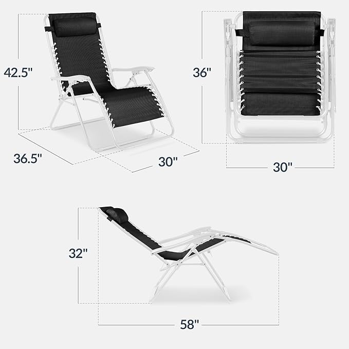 Best Choice Products Set of 2 Extra Wide Adjustable Steel Mesh Zero Gravity Lounge Chair Recliners w/Pillows and Cup Holder Trays - Black/White