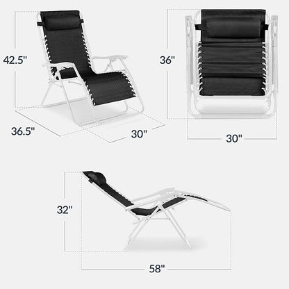 Best Choice Products Set of 2 Extra Wide Adjustable Steel Mesh Zero Gravity Lounge Chair Recliners w/Pillows and Cup Holder Trays - Black/White