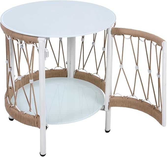 Christopher Knight Home Packy Bohemian Outdoor Side Table with Storage Shelf, Glass Top Small Patio Round Coffee Table, Sofa End Table for Patio Furniture Set with Metal Frame, White+Beige