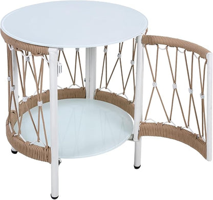Christopher Knight Home Packy Bohemian Outdoor Side Table with Storage Shelf, Glass Top Small Patio Round Coffee Table, Sofa End Table for Patio Furniture Set with Metal Frame, White+Beige