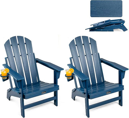 FUNBERRY Folding Adirondack Chairs Set of 2, HDPE Stable Gun-Leg Design Fire Pit Chairs with Cupholder All Weather for Outside