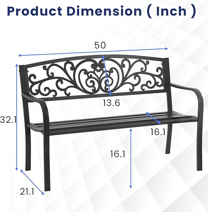 Black Metal Garden Bench, Antique Outside Bench, 50" Seat for 2 People, Durable Iron Frame for Park Yard Porch Outdoors Chair